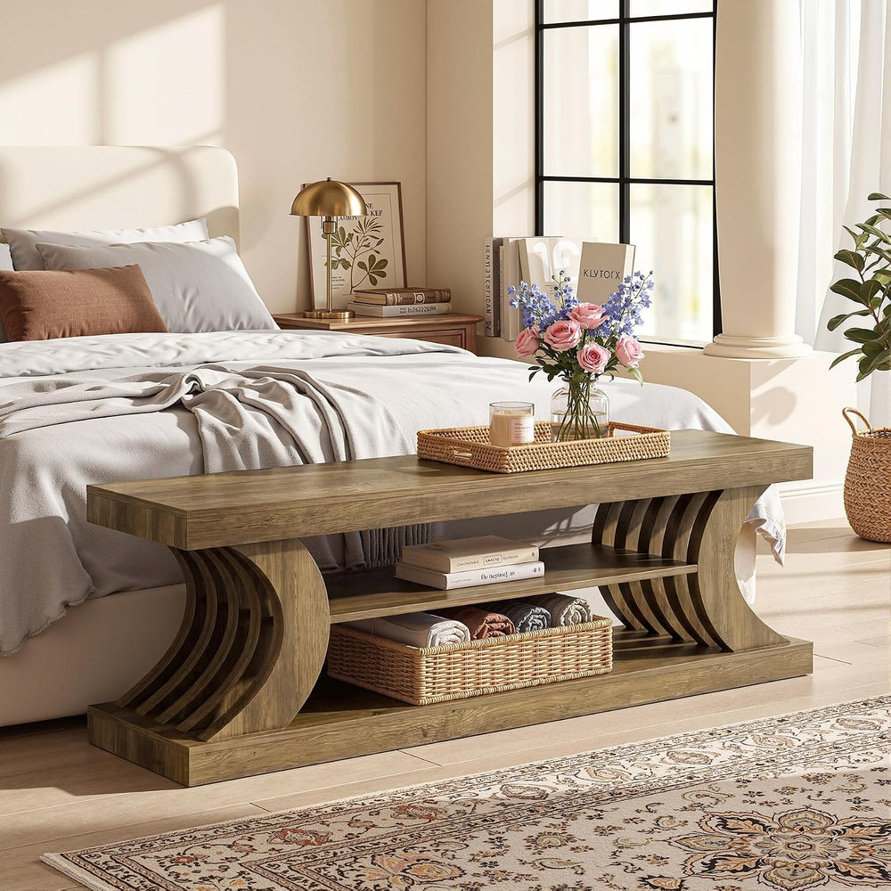 Tribesigns 63" Entryway Shoe Bench, 3-Tier End of Bed Bench with Open St...