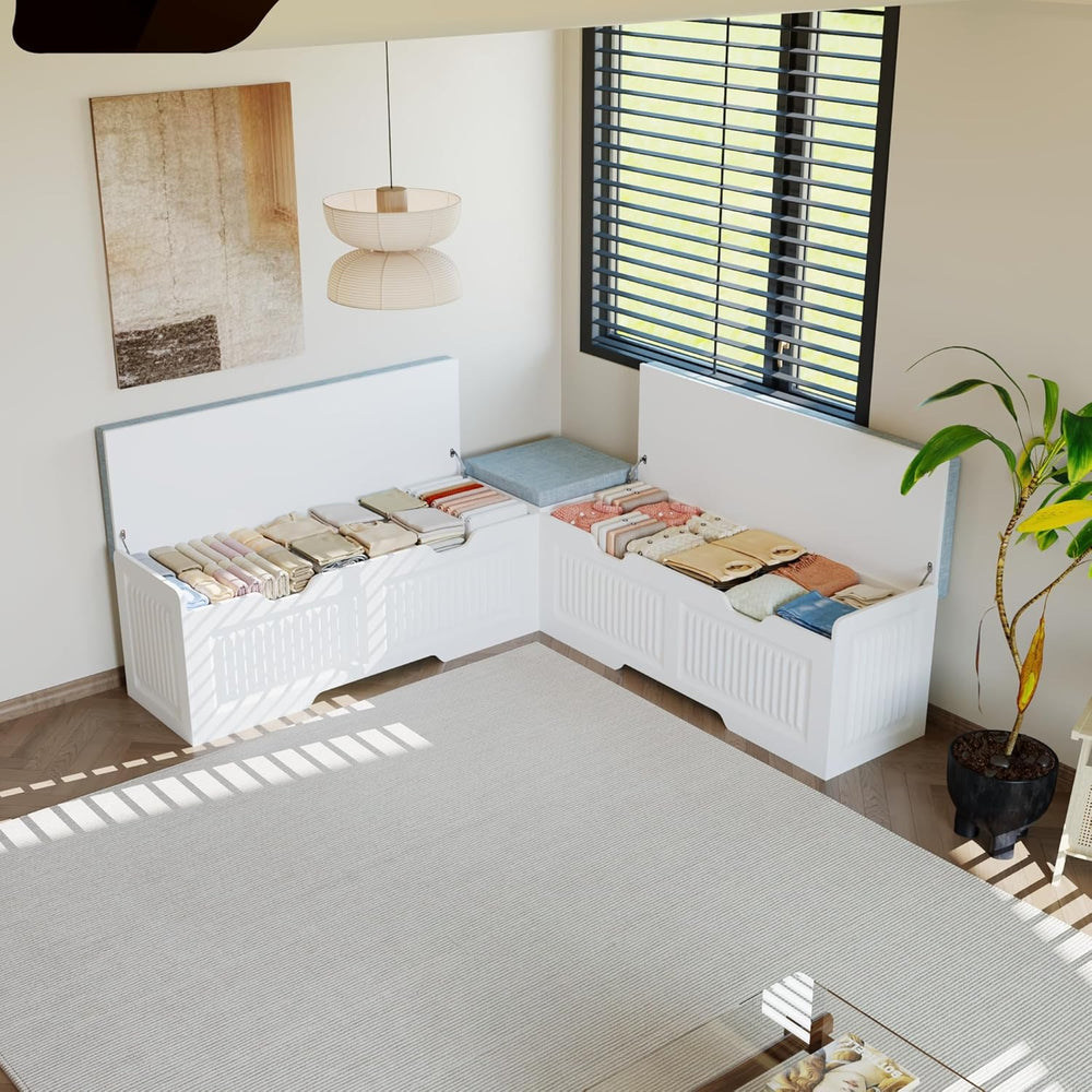 White L-Shaped Storage Bench with Hidden Storage Space