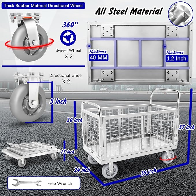 Platform Truck with Cage, 6 in1 Foldable Heavy Duty Steel Flatbed Cart - Image 3
