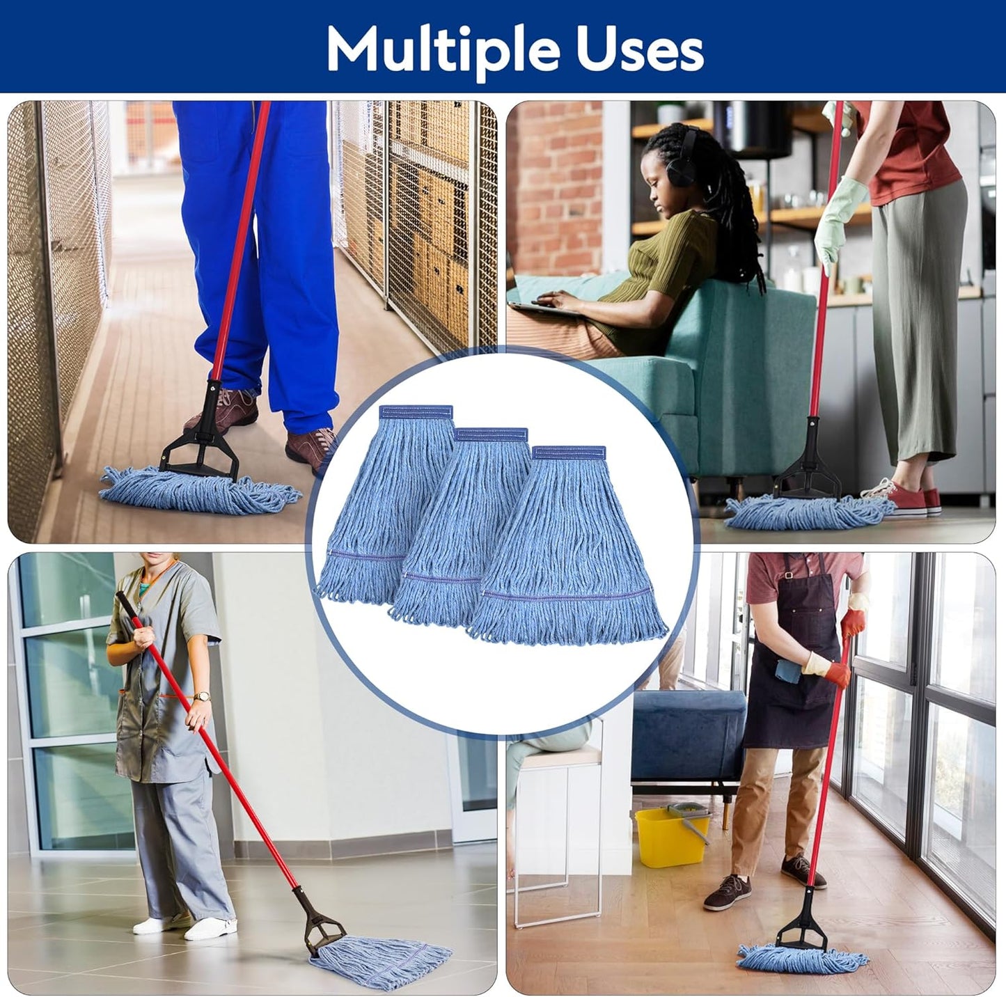 Matthew Cleaning Heavy Duty Mop Head Commercial Replacement for General and Floor Cleaning , Wet Industrial Blue Cotton Looped End String Head Refill (Pack of 3) Blue