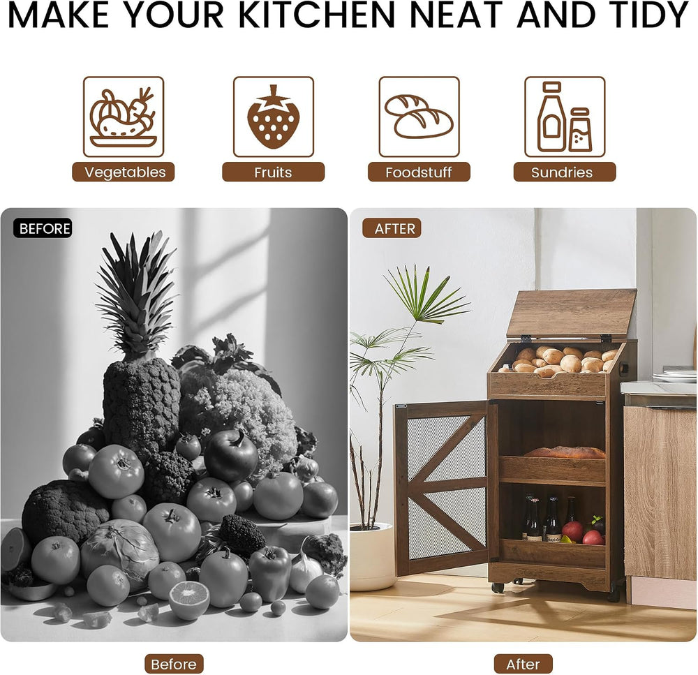 Potato Storage Bin, Movable Potato and Onion Storage Bin for Pantry(Walnut)