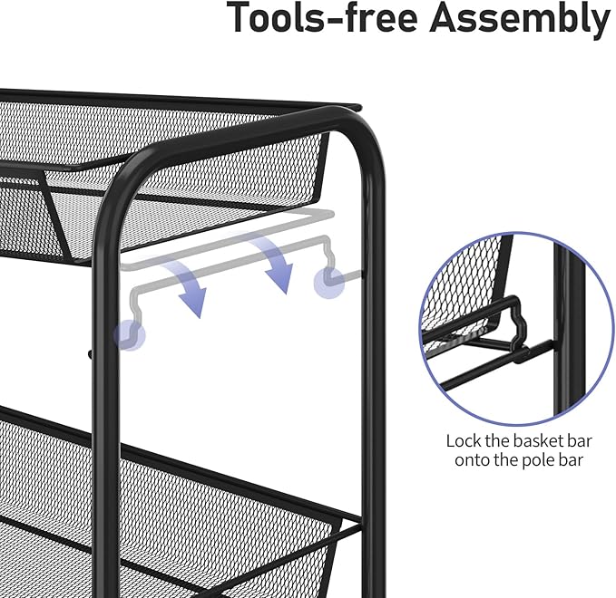 TOOLF 3-Tier Metal Rolling Cart, Mesh Wire Easy Assemble Utility Cart, Storage - Image 4
