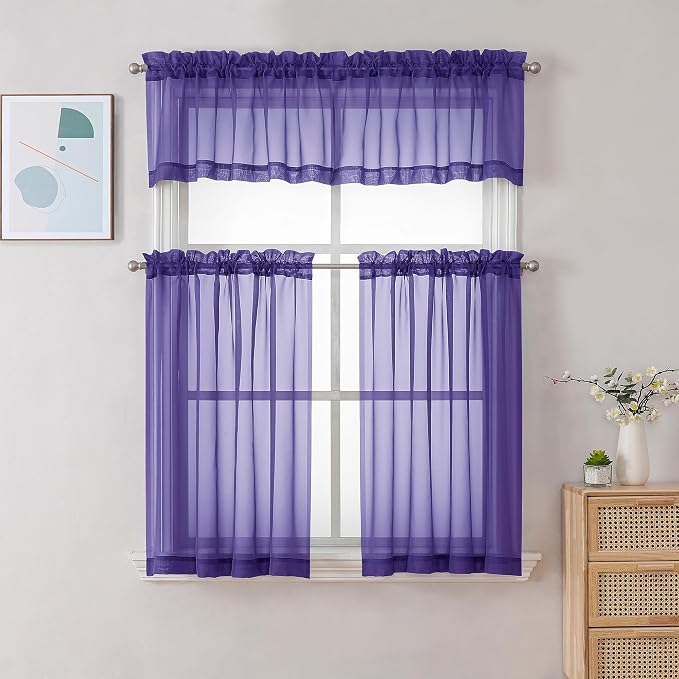 Chyhomenyc Sheer Purple Tier Curtains 24 Inch Length, Small Window Curtains - Image 2