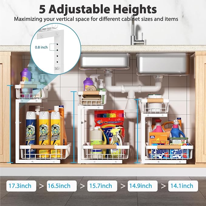Under Sink Organizer Storage 1 pack, 2 Tier Slide Out Height Adjustable Pull - Image 4
