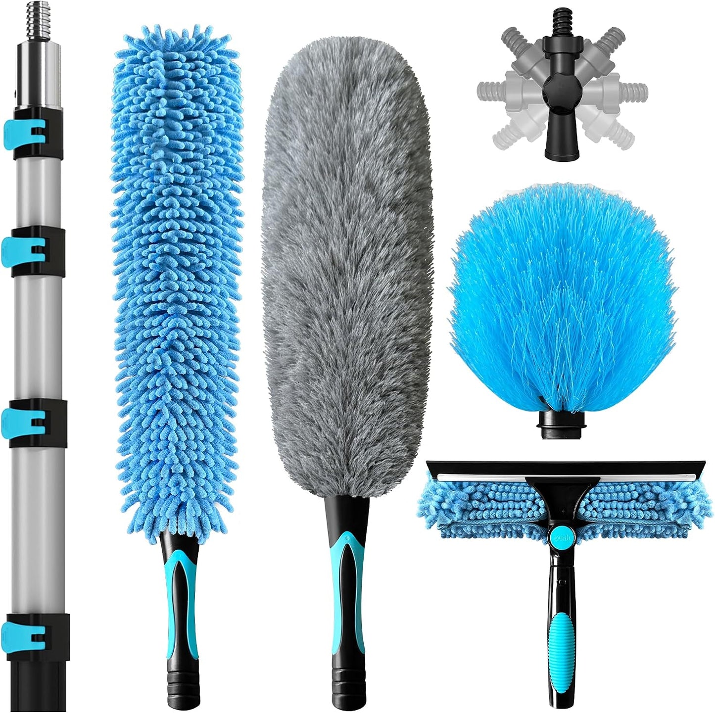 COVERONICS 20FT High Duster Cleaning Tools with 3-12FT Extension Poles - Reusable Fan Duster Cleaning Kits with Ceiling Fan Cleaner Duster, Window Squeegee, Microfiber Feather Duster & Cobweb Duster