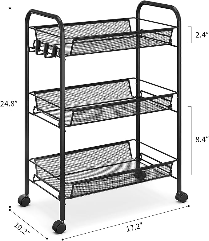 TOOLF 3-Tier Metal Rolling Cart, Mesh Wire Easy Assemble Utility Cart, Storage - Image 9