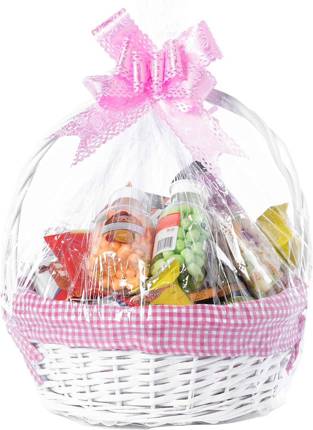 White Round Willow Gift Basket with Pink Gingham Liner & Handle, Mediun –...