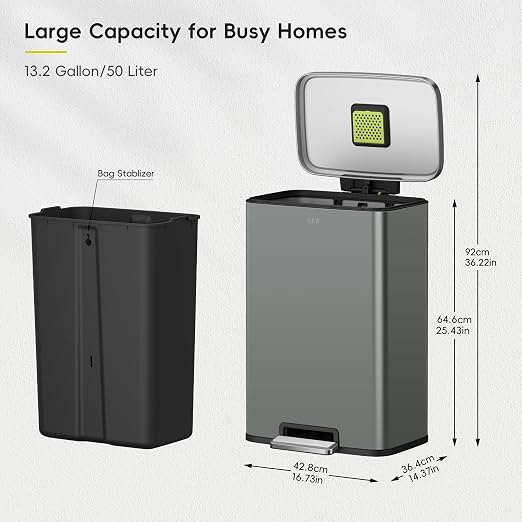 EKO Madison Nardo Grey Stainless Steel 50 Liter/13.2 Gallon Step Trash Can - Image 2
