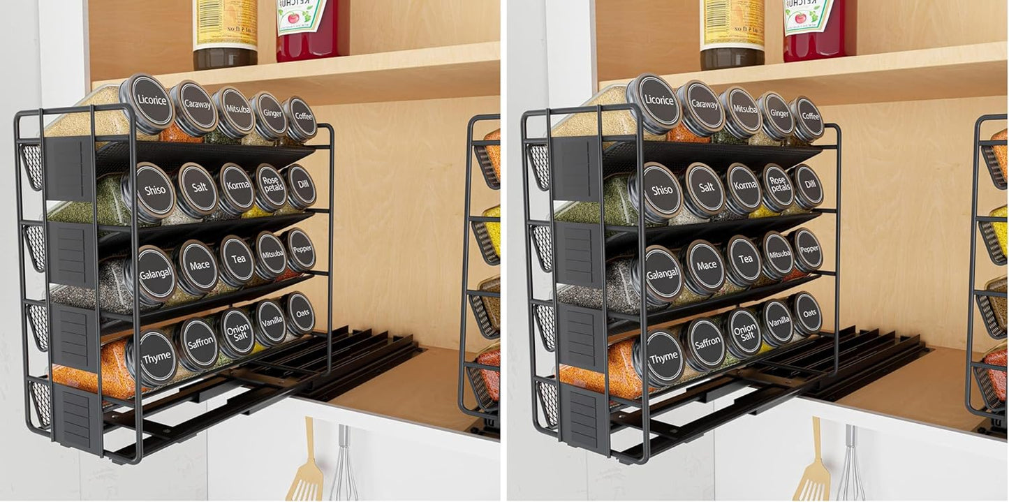 SpaceAid Pull Out Spice Rack Organizer with 20 Jars, Heavy Duty Slide Out Seasoning Organizer for Kitchen Cabinets, with 801 Labels and Chalk Marker, Right Facing (Pack of 2)