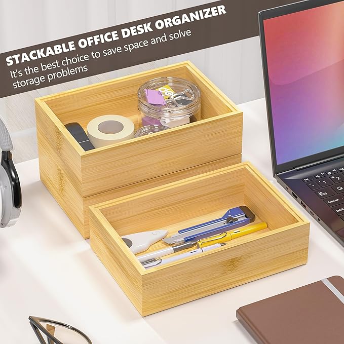 Kitchen Drawer Organizer Bins, Stackable Bamboo Drawer Organizer - Image 3