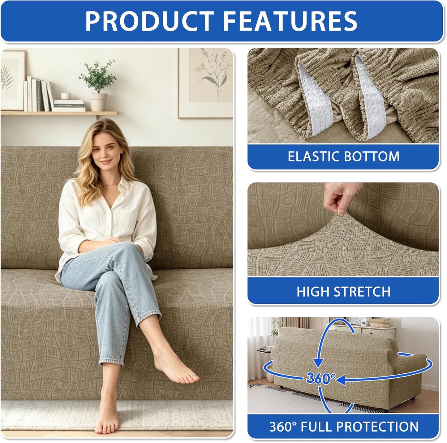 Waterproof Sofa Slipcover 3 Cushion Couch X-Large Sofa Cover,91"-110" Non Slip Soft Couch Sofa Cover Washable Furniture Protector with Non Skid Foam and Elastic Bottom for Kids, Pets,Khaki