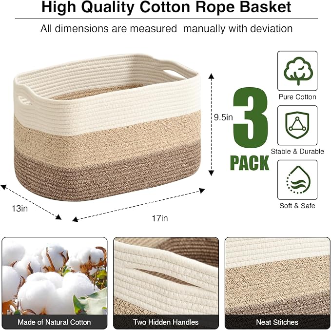 Large Storage Baskets for Organizing Shelves, Woven Cotton Rope Bins for Baby - Image 3