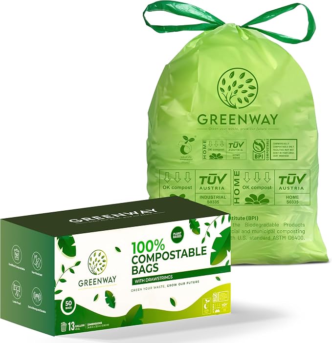 GREENWAY 13 Gallon Compostable Trash Bags Drawstring, 50 Bags, Heavy Duty Extra by GREENWAY