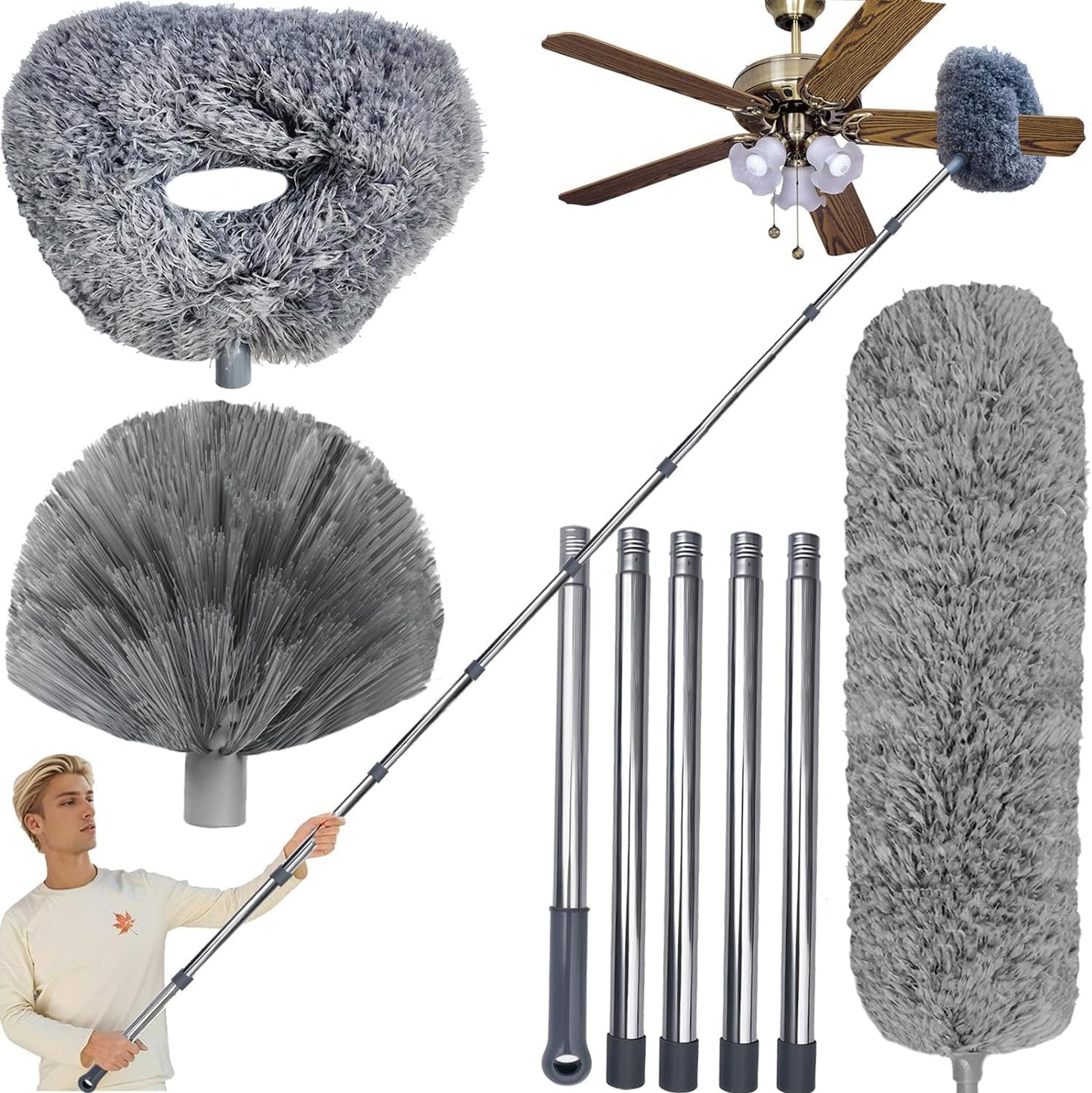 20+ Ft High Reach Ceiling Fan Duster & Cobweb & Corner Brush Duster with 3-14 ft Spliceable Pole Microfiber Feather Duster for Spider Web, High Ceiling, Blinds, Furniture Cleaning Tool Kit