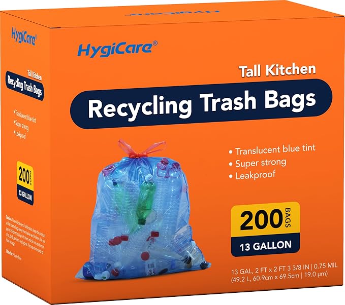 13 Gallon Recycling Trash Bags, Unscented 200 Count Drawstring Tall Kitchen by HygiCare