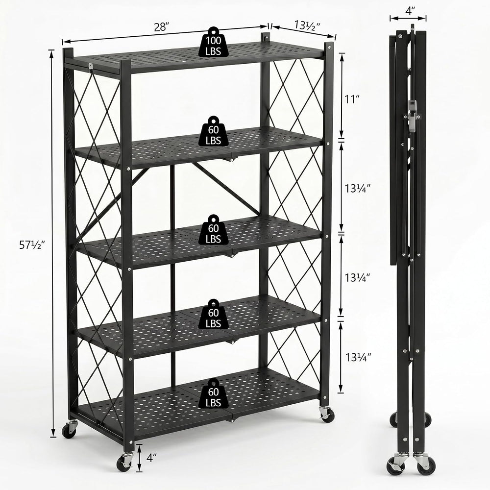 5-Tier Foldable Storage Shelves with Wheels, Heavy-Duty Metal Rolling Rack, N...