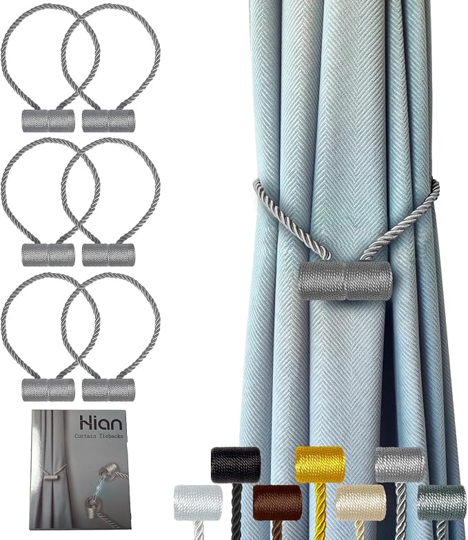Hion Magnetic Curtain Tiebacks Grey 6 Pack, Curtain Tiebacks Buckles Holdbacks by Hion