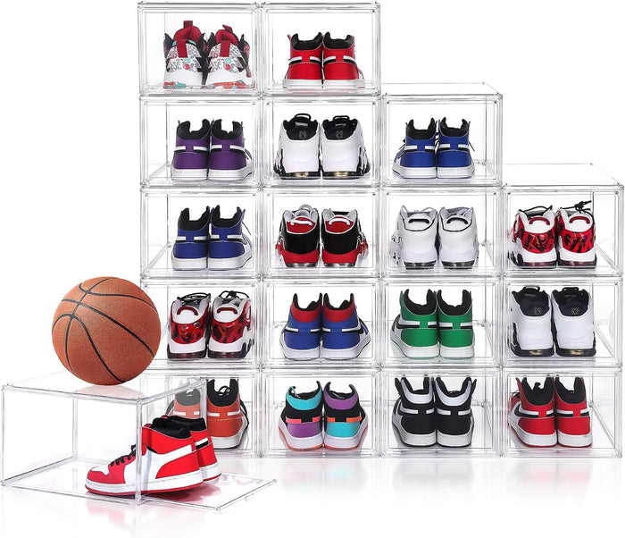 BVBOX 12 Pack Shoe Boxes, Acrylic Clear Shoe Boxes,360°Clear Plastic Stackable Shoe Display Box, Larger Shoe Storage Boxes, Shoe Containers, fit up to Us size 14