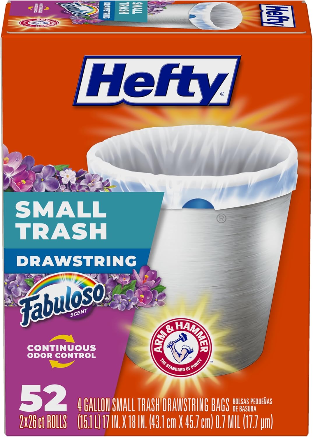 Hefty 4 Gallon Small Trash Bags, White, Fabuloso Lavender Scent, 52ct | Drawstring Closure, 4G Small White Trash Bags for Bathrooms, Dorm Rooms, Home Offices, Scented, Continuous Odor Control