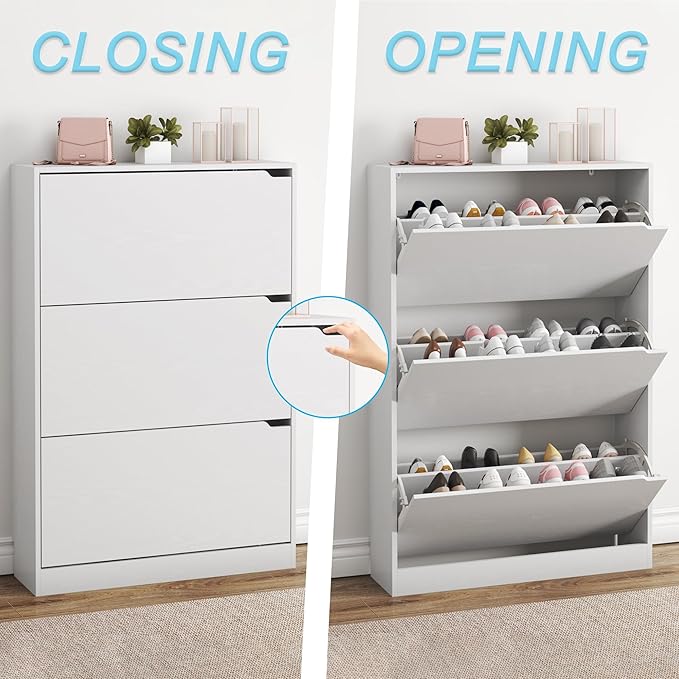 Shoe Cabinet with 3 Flip Drawers, Hidden Wood Shoe Cabinet, Freestanding Shoe - Image 5