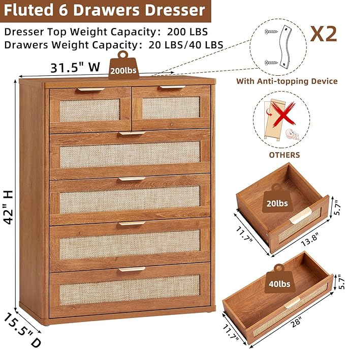 LEYAOYAO Rattan Dresser for Bedroom Set of 2, Modern 6 Drawers Boho Dressers - Image 2