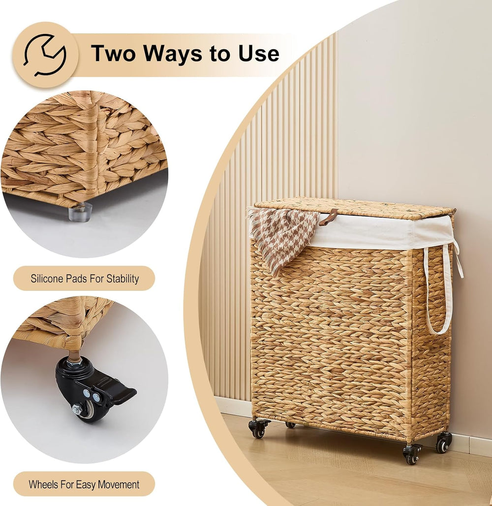 Slim Rolling Laundry Hamper with Lid and Wheels (Natural, 85L)