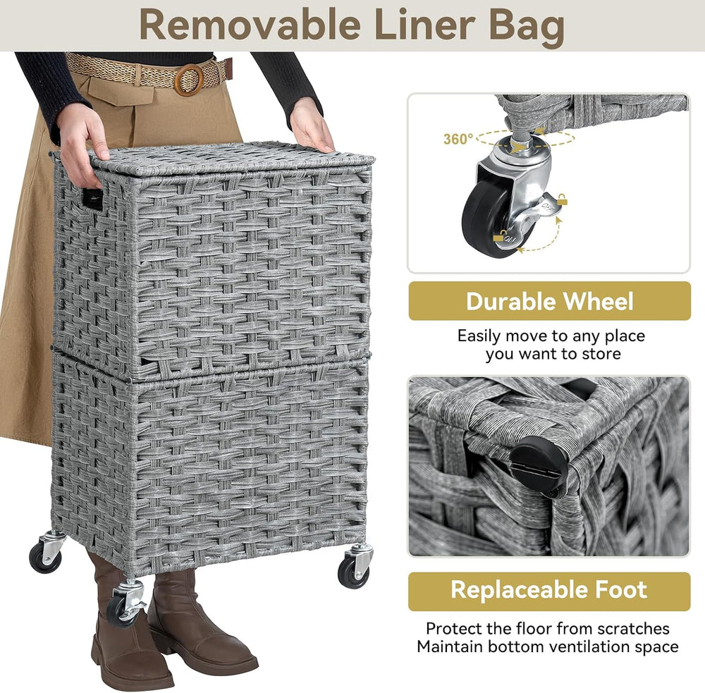 Chrislley Wicker Laundry Basket with Wheels,Rolling Laundry Hamper with Lid