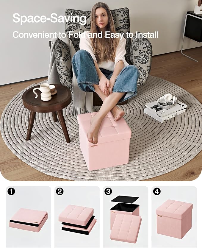 Folding Storage Ottoman, Velvet Storage Bench, - Image 5