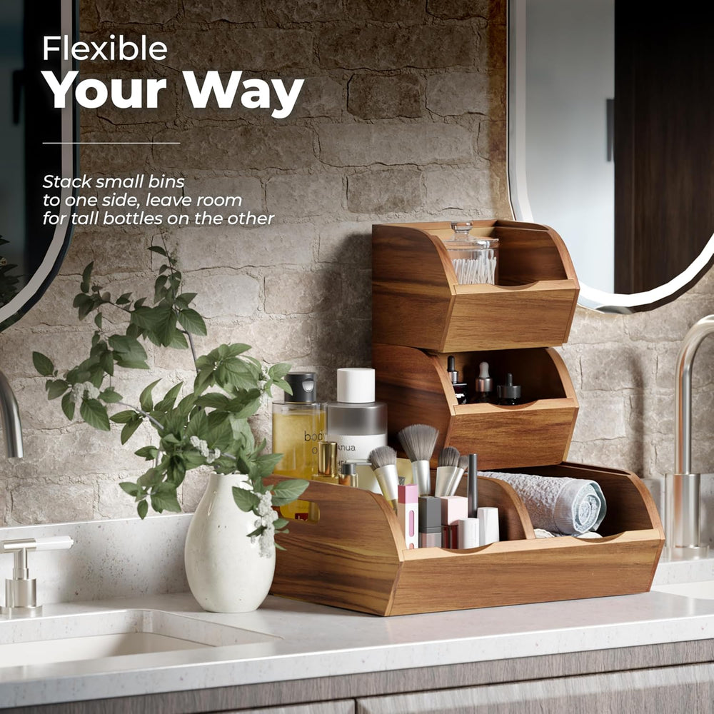 Acacia Wood Pantry Storage Bins - Stackable Open Front Kitchen Baskets