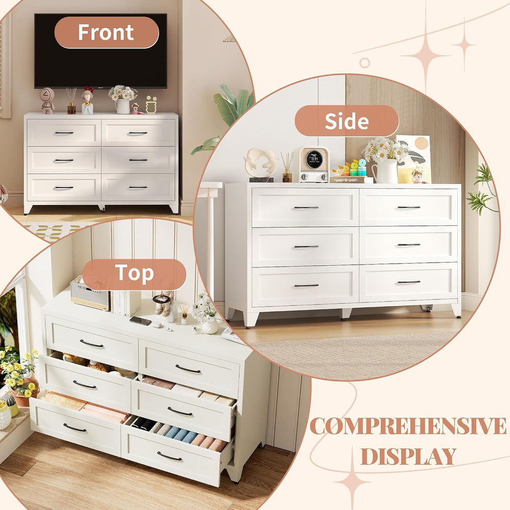 Metal 6 Drawer Dressers for Bedroom, 47" Wide White Steel Chest of Drawe...
