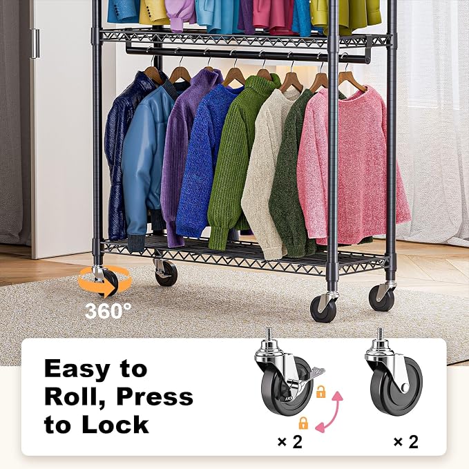 Heavy Duty Rolling Garment Rack 3 Tiers Adjustable Wire Shelving Clothes Rack - Image 3