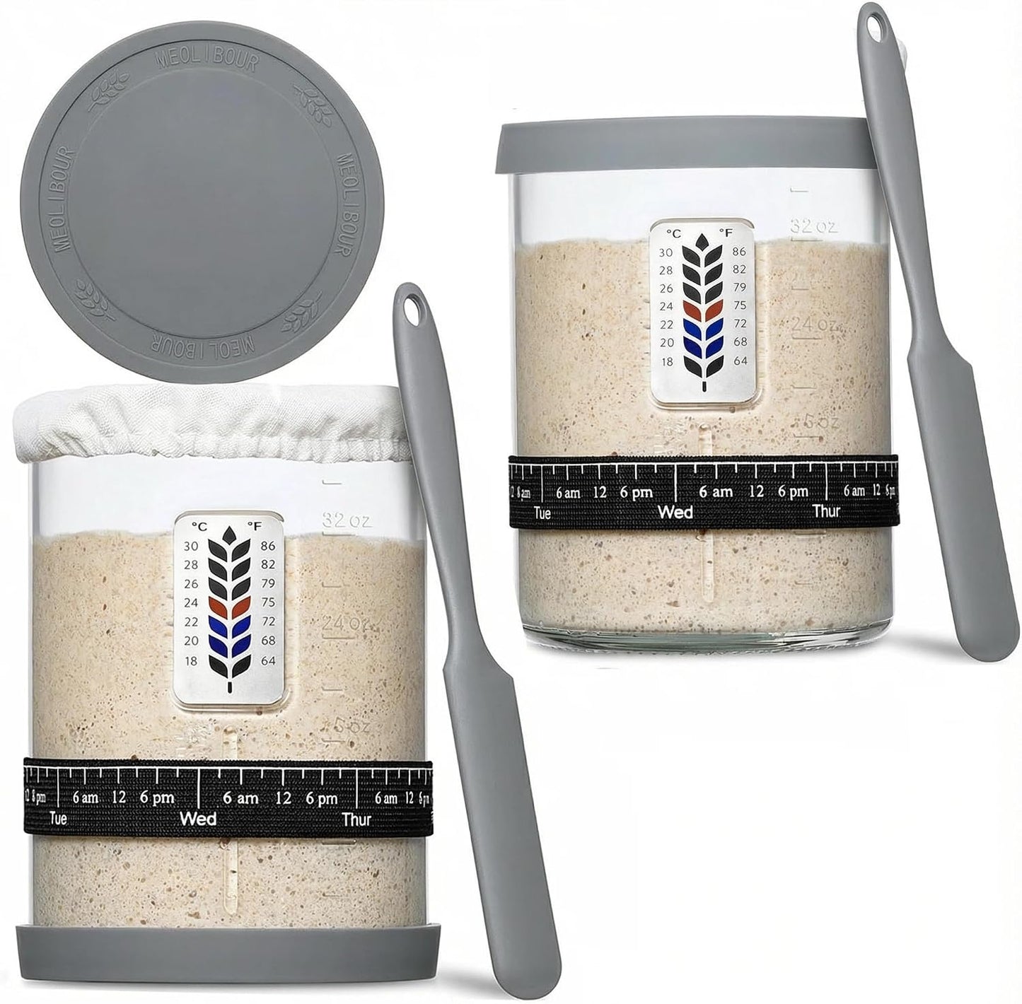 2 Pack Premium Pro Sourdough Starter Jar Kit - 40oz Large Wide Mouth Sourdough Bread Jar with Marked Feeding Band, Thermometer, Scraper, Cloth Cover & Silicone Lid/Base, Glass Container, Baking Supply