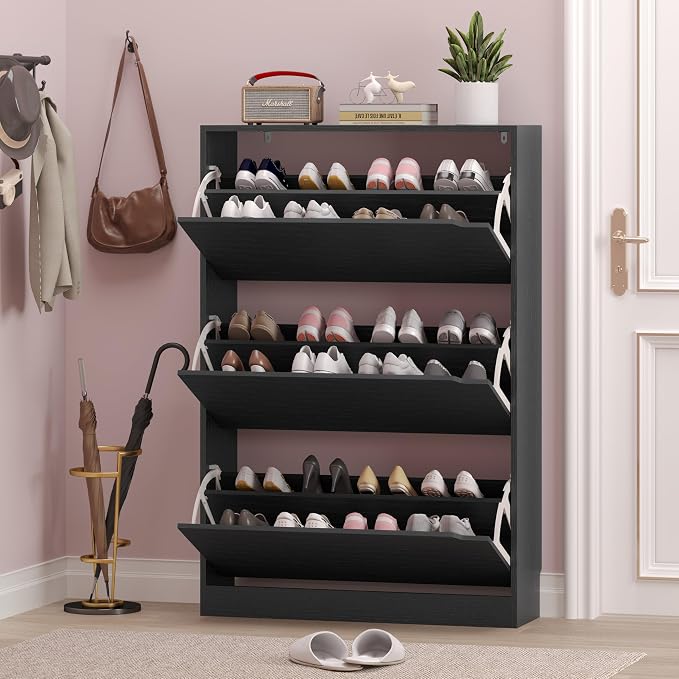 Shoe Storage Cabinet with 3 Flip Drawers, Narrow Shoe Rack Cabinet, - Image 7