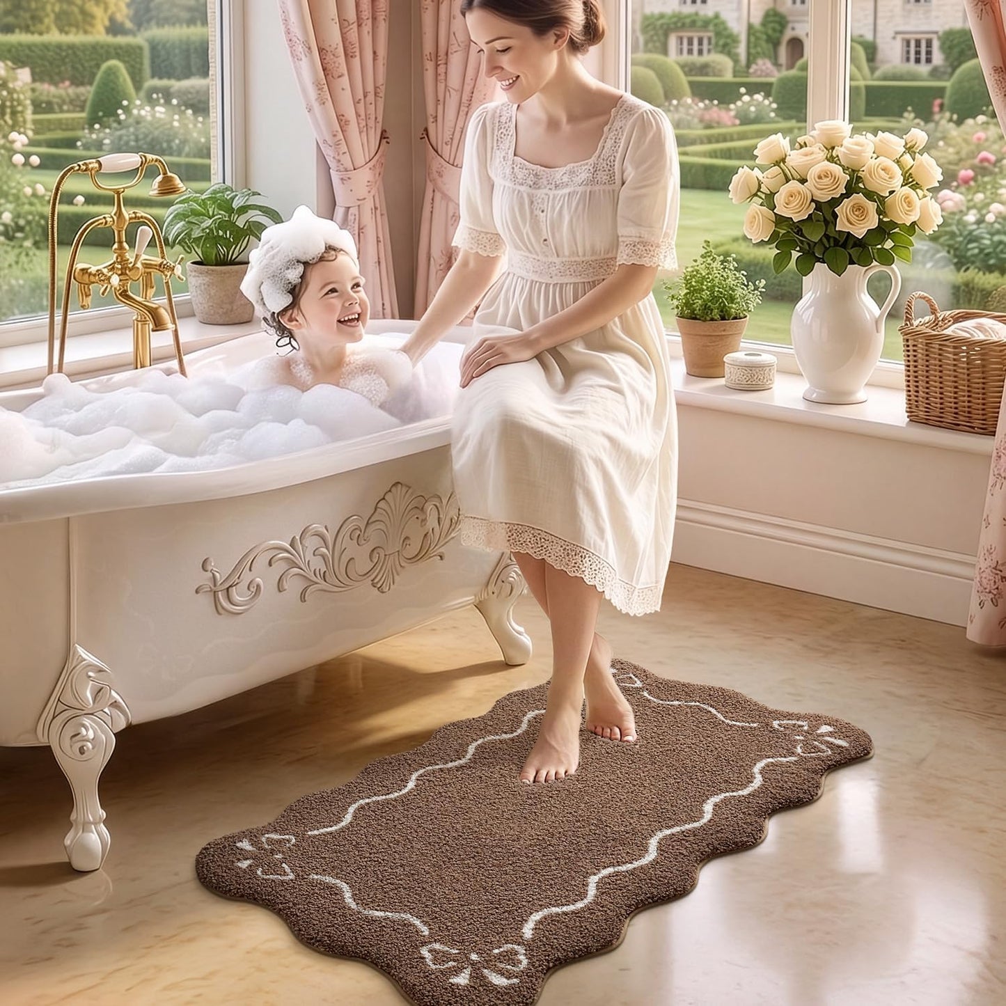 LUMI Scalloped Bathroom Rug, Cute Plush Microfiber Bath Mat, Super Absorbent & Quick Dry Shower Mat, Machine Washable Floor Carpet for Tub, Brown, 24"x36"
