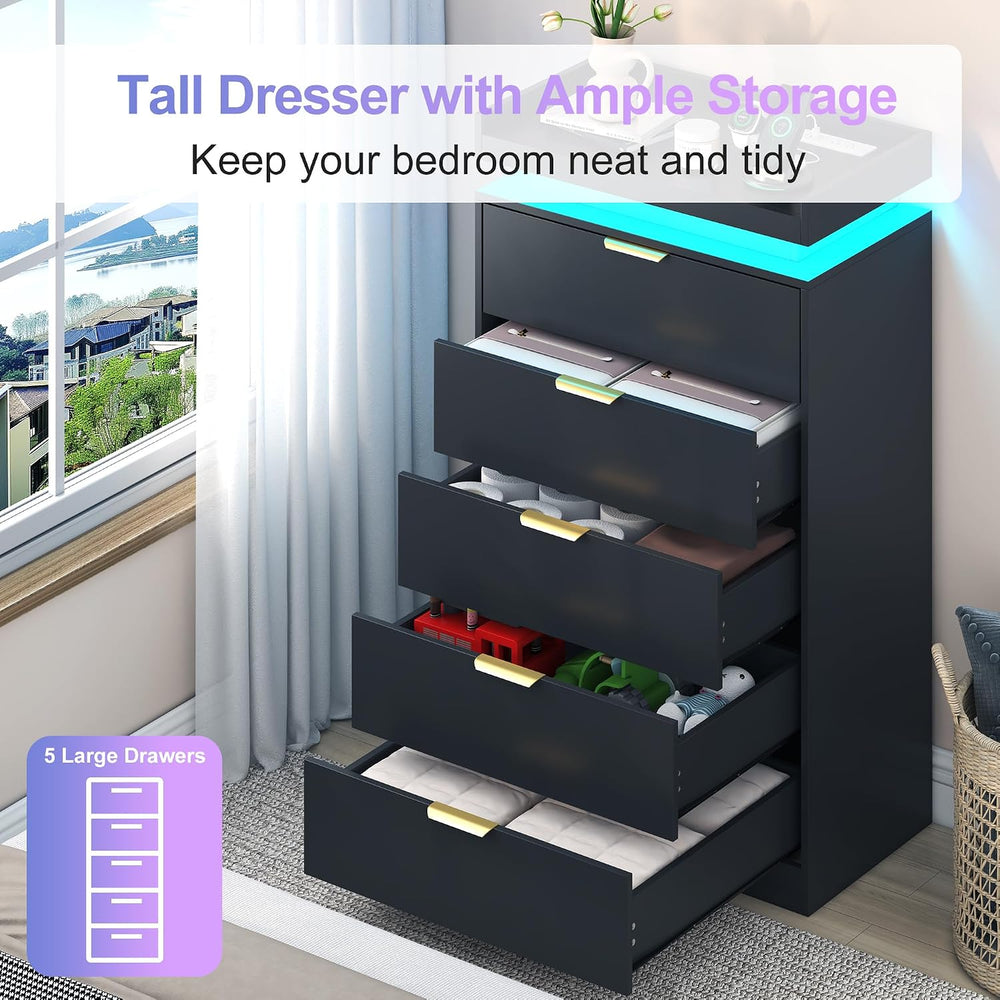UNIQUITE Tall Dresser for Bedroom, Black Dresser with LED Lights, Wood 5 Draw...