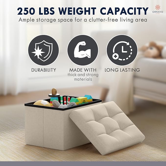 Ornavo Home Small Storage Ottoman, Foldable Collapsible Rectangle Linen Ottoman - Image 7