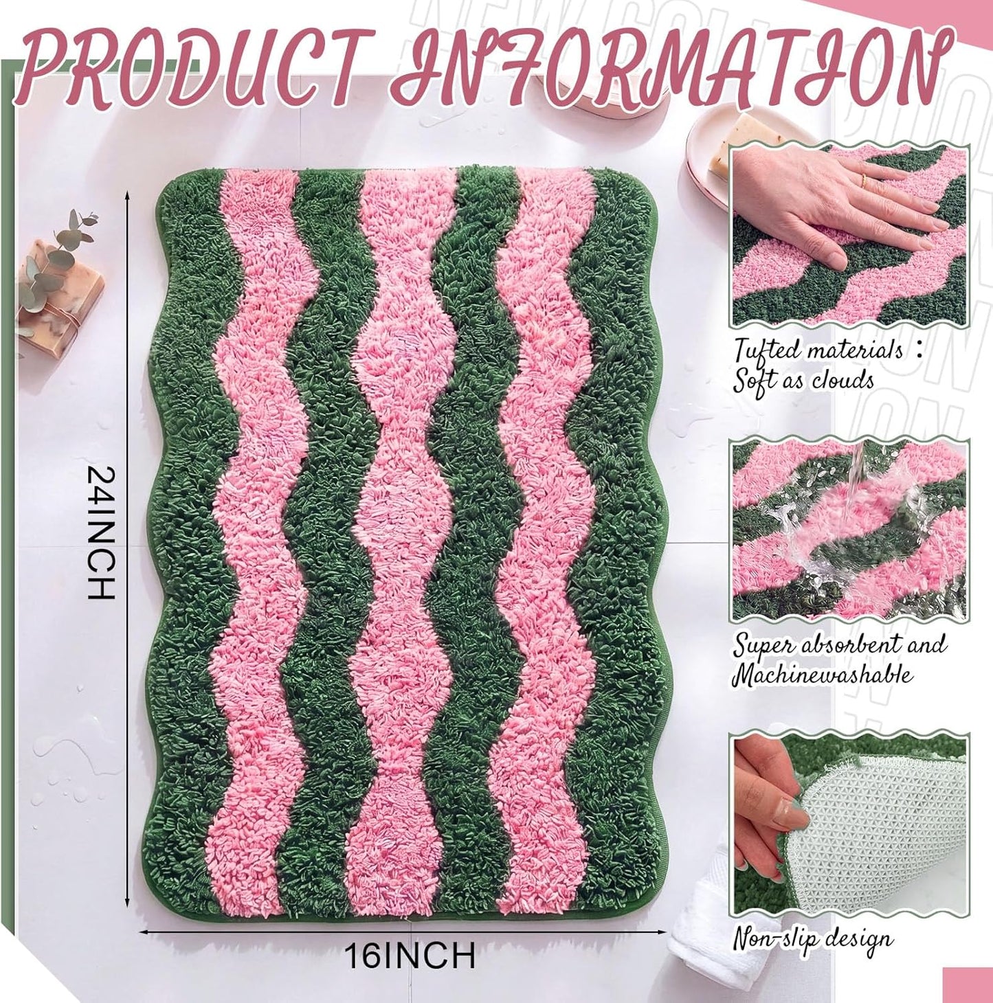 Nuanchu Cute Scalloped Bathroom Rug, Plush Tufted Absorbent Soft Wave Striped Bath Mat 24"x16", Non-Slip Washable Floor Carpet for Bathroom Bedroom Kitchen(Pink & Sage Green)