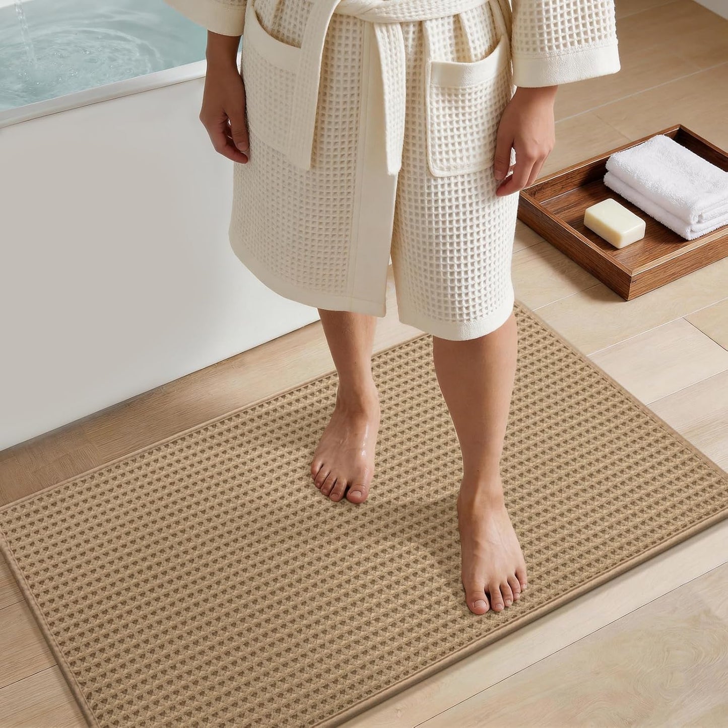 YIHOUSE Waffle Ultra Thin Small Bath Mat, Soft & Absorbent Bathroom Rug, Non-Slip Rubber Backed, Quick Dry Shower Mat, Boho Farmhouse Bathroom Decor, Machine Washable, Khaki, 17 * 24