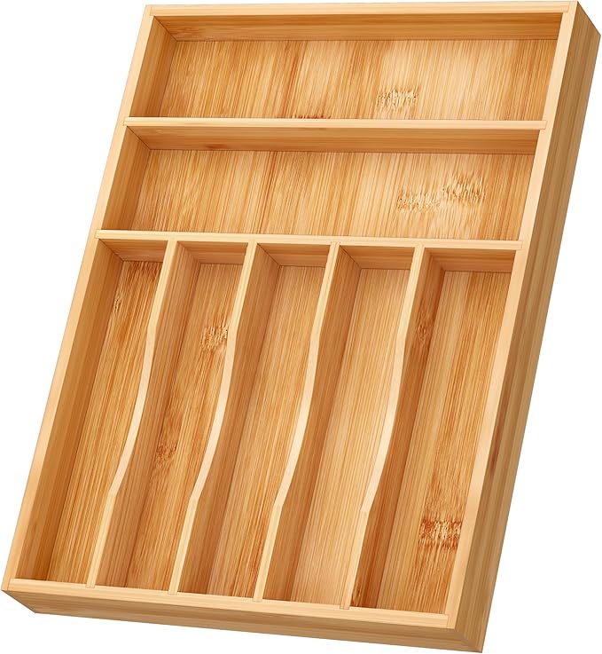 BAMEOS Bamboo Silverware Drawer Organizers, 11.9 inch Utensil Drawer Organizer by BAMEOS