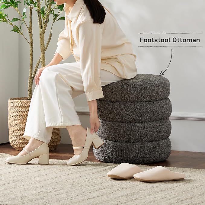 Round Ottoman with Storage Boucle Ottoman Stool with Storage Removable Lid - Image 5