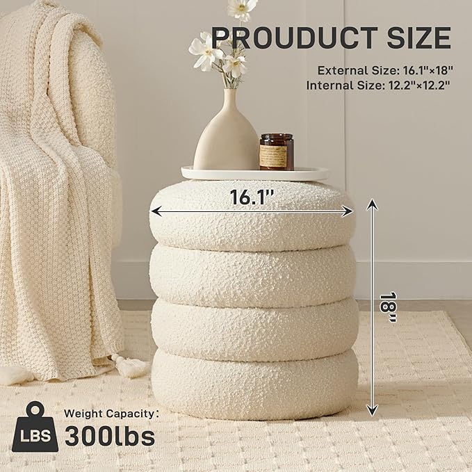 Round Ottoman with Storage Boucle Ottoman Stool with Storage Removable Lid - Image 2