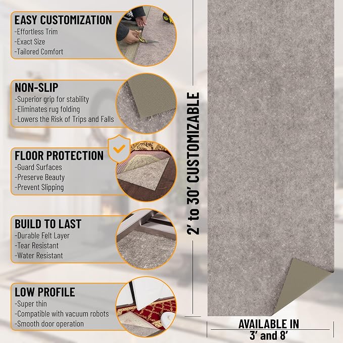 Ottomanson 5' x 8' Non-Slip Rug Pad Gripper 1/4 Inch Thick Dual Surface Felt + - Image 2