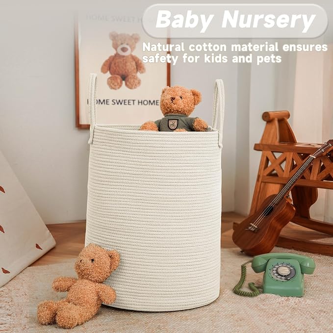Large Woven Laundry Basket Hamper, 60L Cotton Rope Storage Bin - Image 2