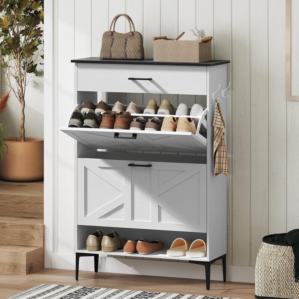 MAHANCRIS Shoe Cabinet with 2 Flip Drawers, Farmhouse Shoe Storage Cabinet fo...