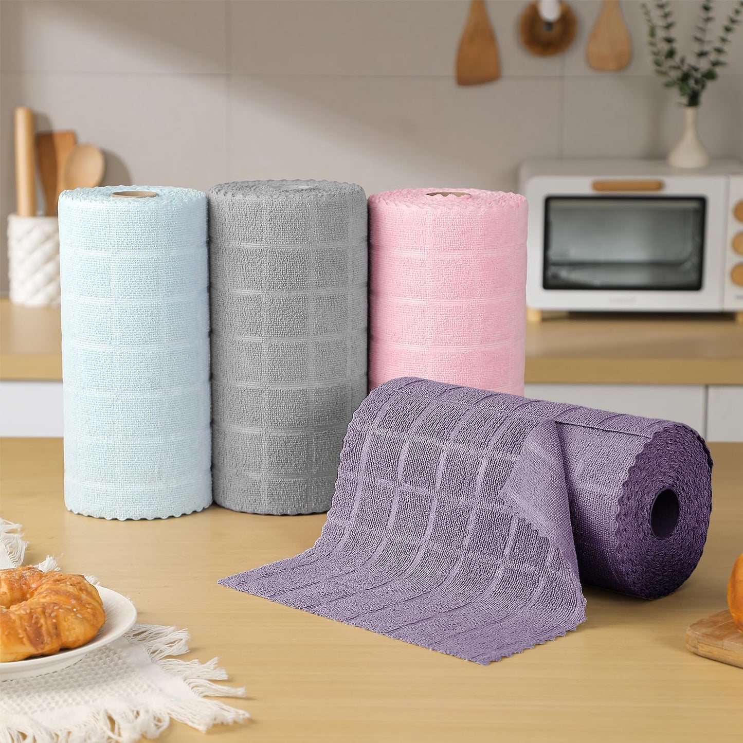 Ferdilan 80 Pack Microfiber Cleaning Cloth Roll,Lint Free Rags Paper Towels & Tear Away Reusable Towels,Washable Shop Rags,Wash Cloths Dish Rags(12" x 12") for Car Kitchen Window Garage-Dark Purple