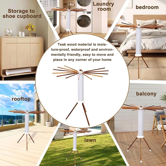 Portable Teak Tripod Clothes Drying Rack, Foldable Space-Saving Design - Image 7