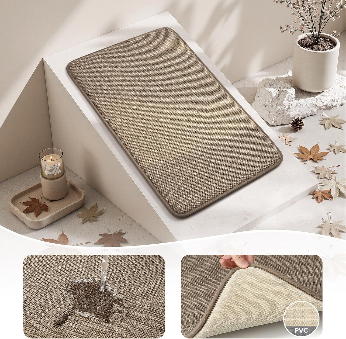HOMEIDEAS Memory Foam Bathroom Rugs Set 2 Piece, Ultra Absorbent Quick Dry Bath Mats, Linen-Like Boho Bathroom Rug Set for Bath Floor, Shower & Tub (Beige, 32"x20" + 24"x17")