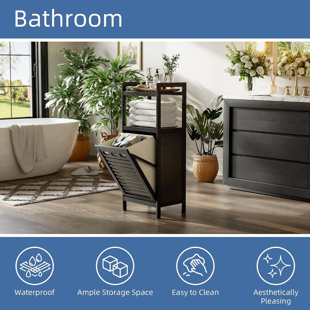 HITNET Tilt Out Laundry Hamper, Bamboo Bathroom Cabinet with Pull Out Removab...