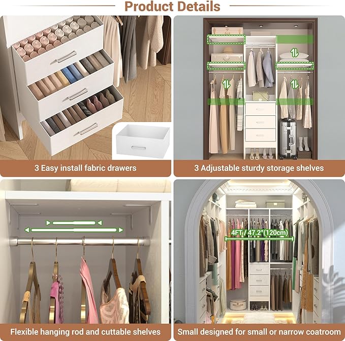 4FT Small Closet System with 3 Fabric Drawers, Flexible Built-In Clothes - Image 4