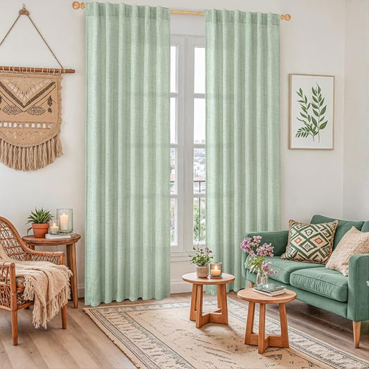 YoungsTex Light Green Linen Semi Sheer Curtains 84 Inch Length 2 Panels - Image 2